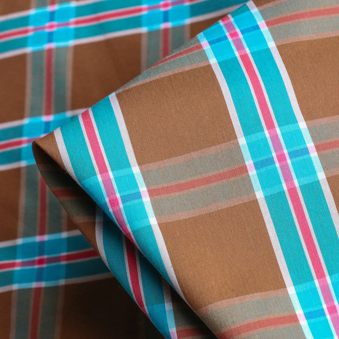 Ceasare Check Camel/Turquoise Stretch Cotton Shirting 3 Ceasare Check Camel/Turquoise Stretch Cotton Shirting