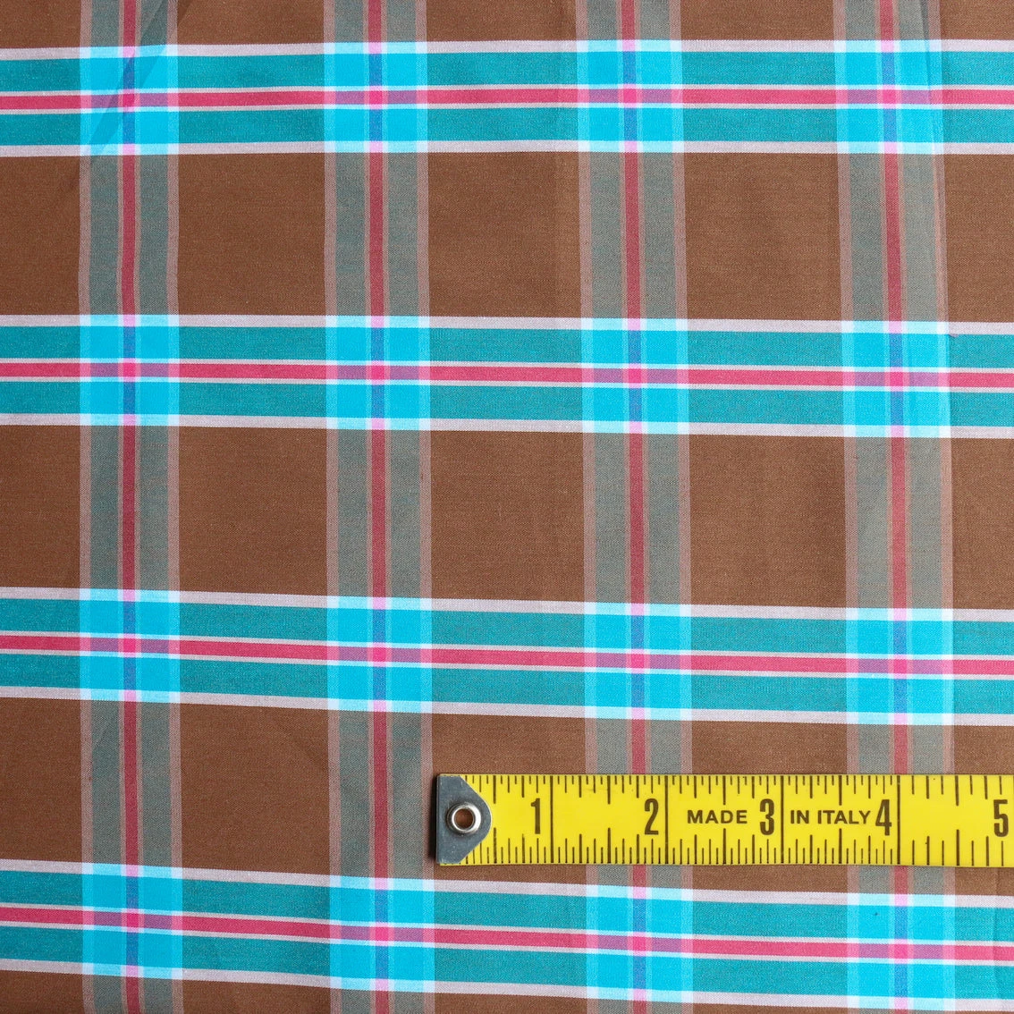 Ceasare Check Camel/Turquoise Stretch Cotton Shirting 5 Ceasare Check Camel/Turquoise Stretch Cotton Shirting - Image 3