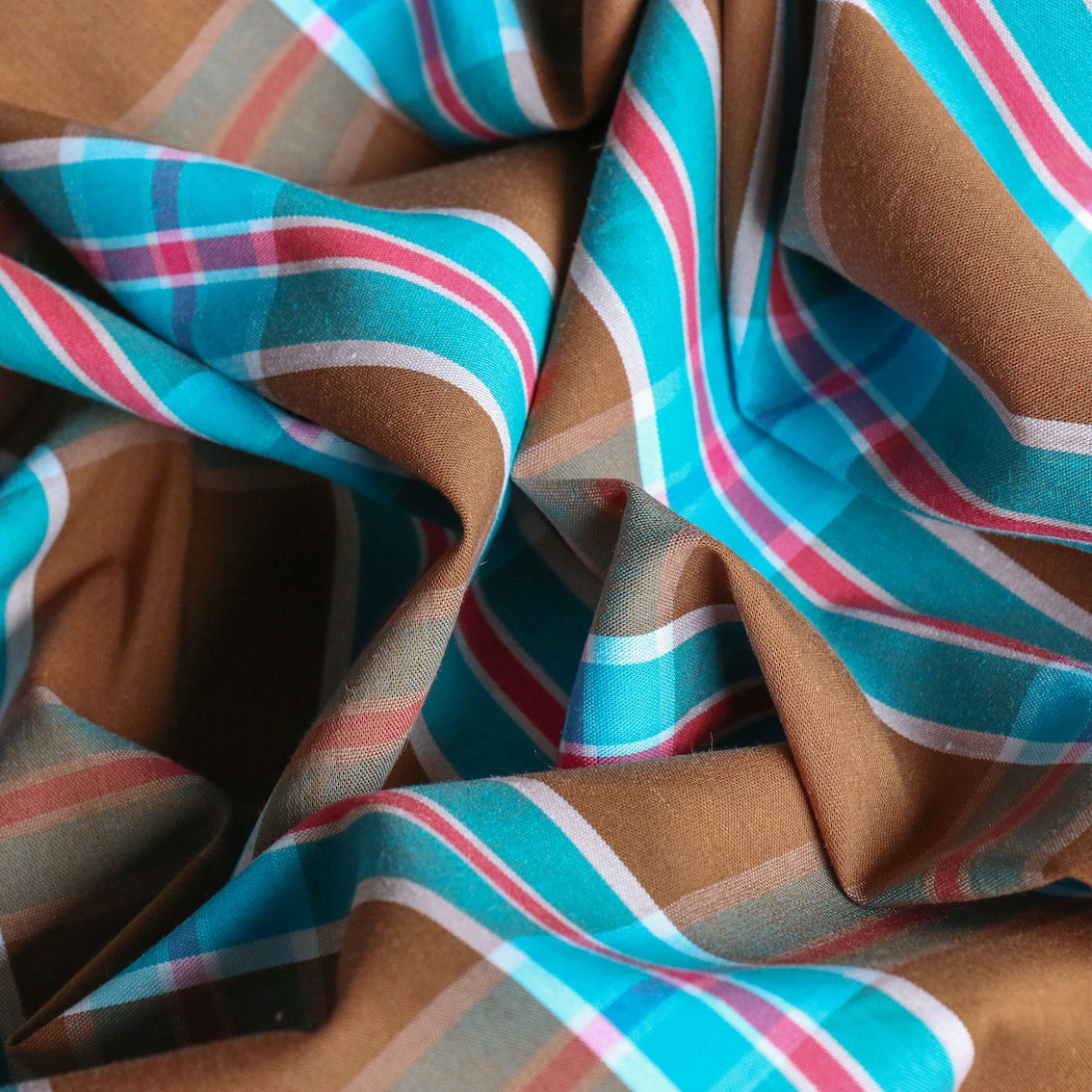 Ceasare Check Camel/Turquoise Stretch Cotton Shirting 4 Ceasare Check Camel/Turquoise Stretch Cotton Shirting - Image 2