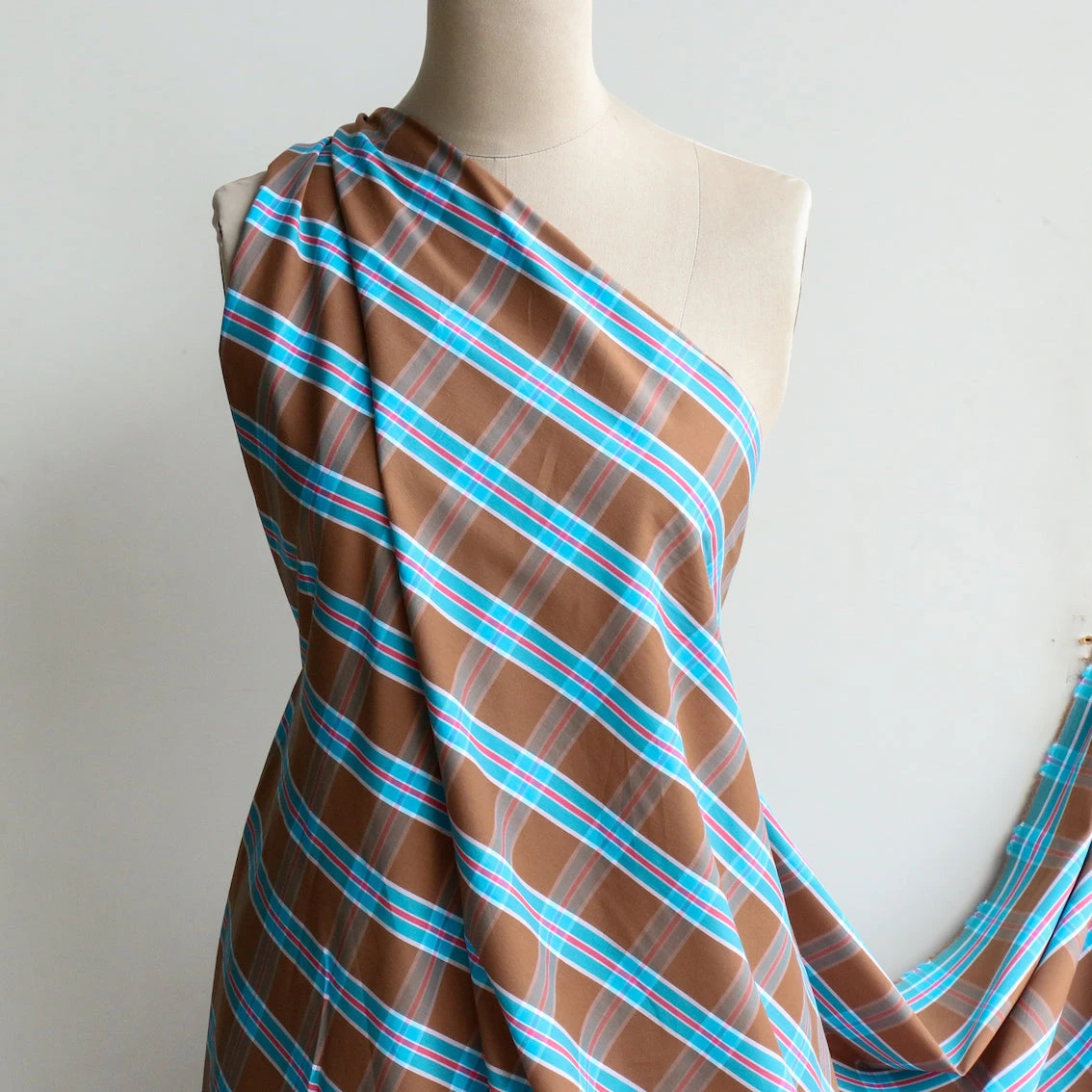 Ceasare Check Camel/Turquoise Stretch Cotton Shirting 6 Ceasare Check Camel/Turquoise Stretch Cotton Shirting - Image 4